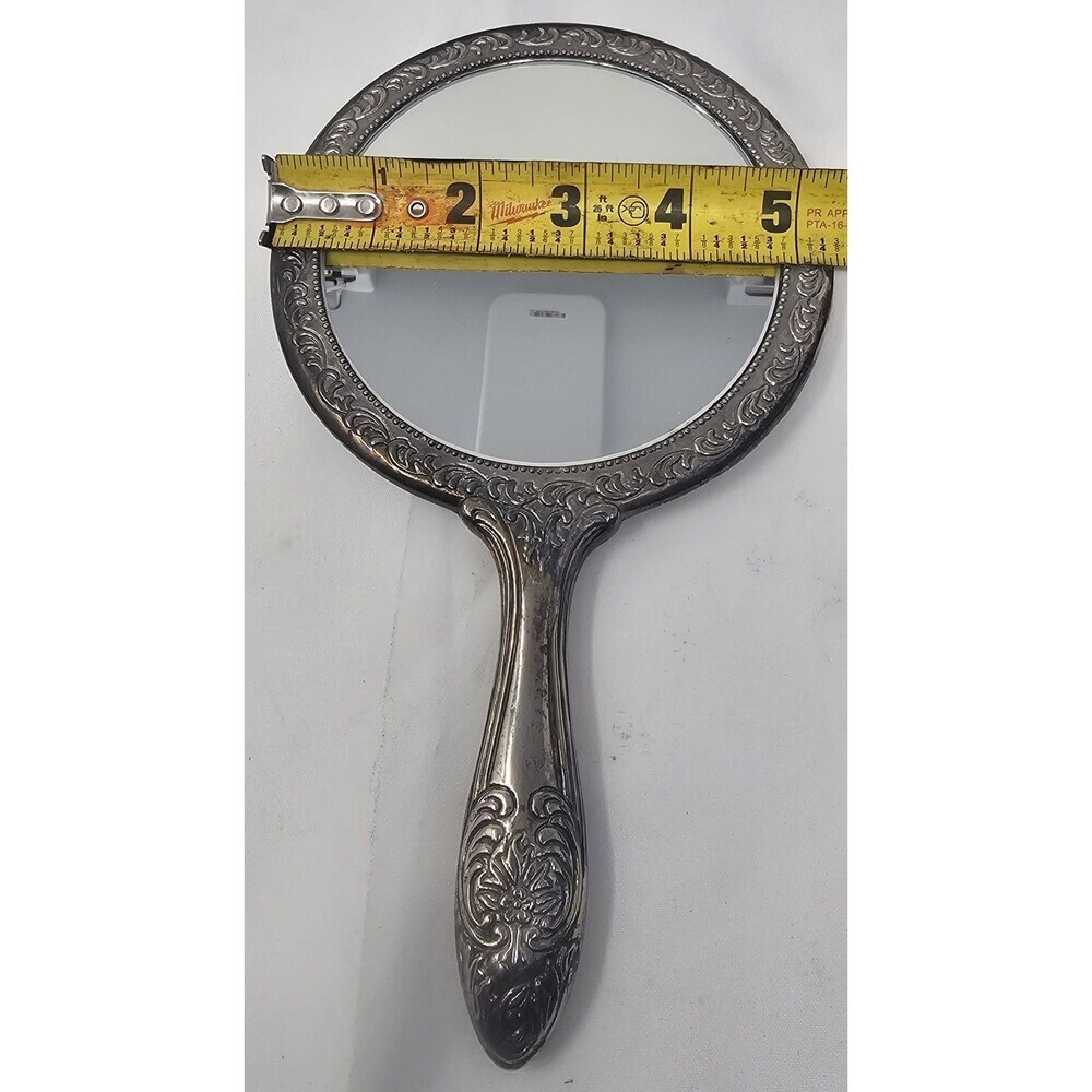 Vtg Silverplate Vanity Set 8" Brush & 9" Hand Mirror Floral Ornate Design Heavy - Picture 8 of 13